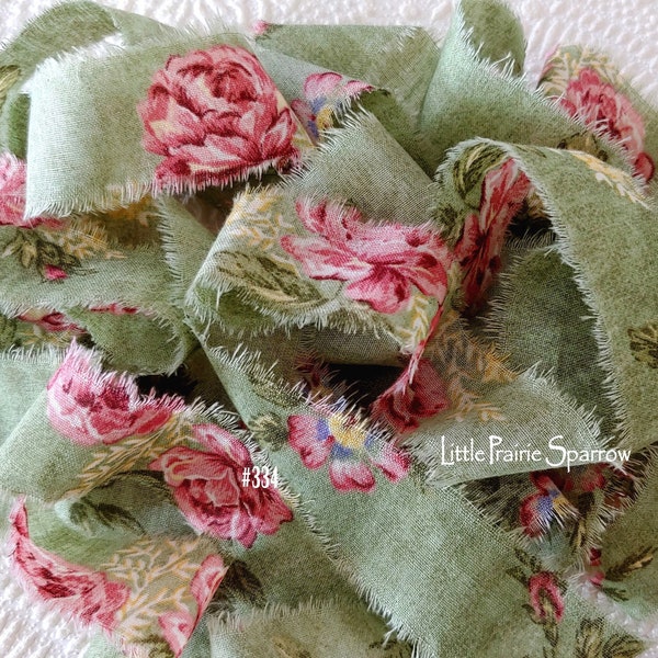 Hand Torn Pink Rose Print Frayed Green Fabric Ribbon for Journal, Party Gift Bow, Jewelry Making, Shabby Country Cottage Wedding, Hair Braid