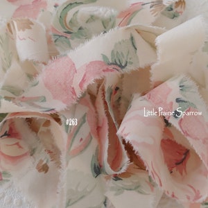 Hand Torn Pink Rose Print Frayed Fabric Ribbon for Journal, Sewing, Party Gift Bows, Jewelry Making, Shabby Chic, Wedding, Country Cottage