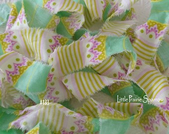 Hand Torn Green Floral Print Frayed Fabric Ribbon, for Junk Journal, Scrapbook, Shabby Chic, Party Bow, Jewelry Making, Heather Bailey Style