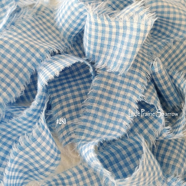 Hand Torn Blue Gingham Fabric Ribbon, Frayed Blue Check Fabric, Junk Journal, Scrapbook, Doll Making Accent, Slow Stitching, Shabby Chic