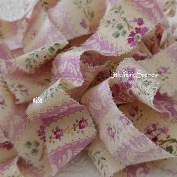 Hand Torn Lavender Floral Frayed Fabric Ribbon for Journal, Scrapbook, Shabby Chic, Country Cottage, Easter Bow, Jewelry Making, Baby Shower