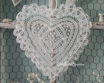 White Lace Wire Heart for Shabby Chic Decor, Wedding Backdrop, Brides Chair Sign, Nursery Decor, Bridal Shower Prop, Ring Pillow Flower Girl