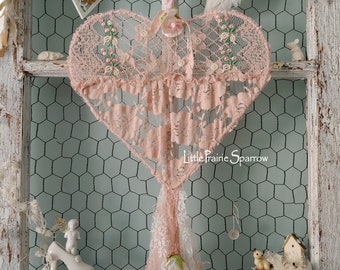 Pink Lace Heart for Wedding Prop, Brides Chair, Shabby Chic Decor, Nursery Hanging, Bridal Shower Decor, Pink Christmas Decor, Heart Wreath