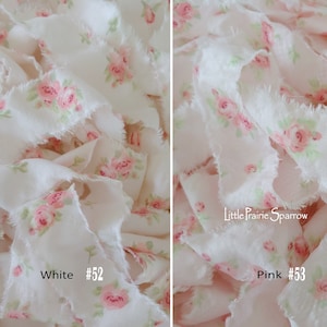 Hand Torn Pink Rose Print Fabric Ribbon Frayed Floral Fabric