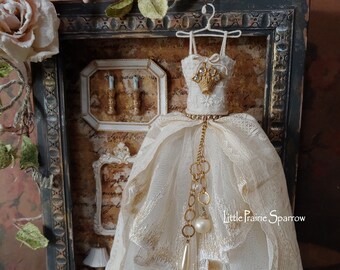 Miniature Vintage Lace Art Dress Decor, Upcycled Fashion Display Art, Shabby Chic Dollhouse Diorama, Romantic Doll House Ornament, Tiny Gown