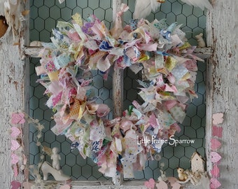 Pink Rag Heart Small Wreath for Wedding Prop, Valentine & Easter Decor, Shabby Nursery, Baby Shower, Pastel Spring Colors, Mothers Day Gift