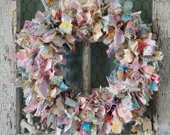 Pink Spring Fabric Rag Wreath for Wedding Prop, Easter Decor, Pink Shabby Chic, Nursery, Baby Shower Accent, Cottage Style, Birthday Prop