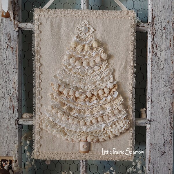 Christmas Tree Tapestry, Holiday Accent, Farmhouse White Decor Sign, Christmas Flag, Shabby Chic, Neutral Home Decor, Winter Wedding Prop