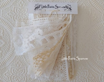 Vintage Lace Bundle, Sewing Sample Kit for Junk Journals, Scrapbook, Slow Stitching, Snippet Rolls, Tag Making, Shabby Crafting, Doll Making