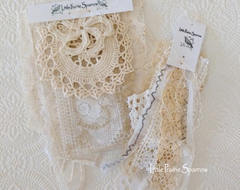 Vintage Lace and Doily Bundle, Sewing Sample Kit for Junk Journals, Scrapbook, Slow Stitching, Tag Making, Shabby Crafting, Doll Making