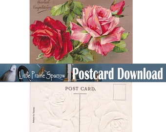 May include: Vintage postcard featuring a bouquet of red and pink roses with green leaves against a tan background. The top of the card reads "Heartiest Congratulation." The back of the card has a floral embossed design.