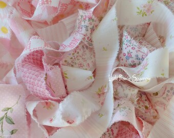Hand Torn Pink Floral Frayed Fabric Ribbon Bundle Set of 12 for Journal, Scrapbook, Wedding Decor, Gift Bows, Pink Shabby Chic, Holidays