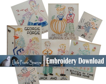 Vintage Embroidery Digital Download, Printable Collage Sheets, Framed Nursery Rhymes, Stitched Embroidery Embellishments, Retro Mother Goose