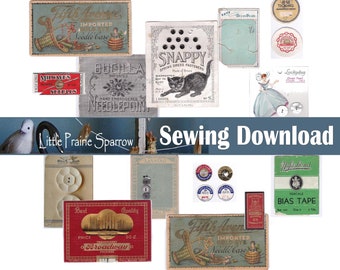 May include: Vintage sewing supplies and notions including buttons, needle cases, bias tape, and a comb. The image includes the text "Fifth Avenue Imported Gold Eye Needle Case", "Snappy Spring Dress Fasteners", "Bucilla Hand Embroidered Needlepoint", "Midway's Needles", "Lanshing", "Ticking", "Luckyday", "Fishond Percale Bias Tape", and "Best Quality Broadway Package".