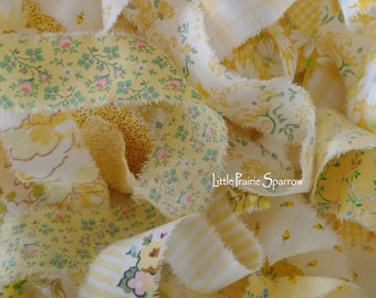 Hand Torn Yellow Floral Frayed Fabric Ribbon Bundle Set of 12 for Journal, Wedding Decor, Gift Bows, Country Cottage, Shabby Chic, Holidays