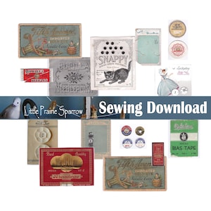 Descarga digital de costura vintage, hojas de collage imprimibles de artículos de costura, etiquetas, álbumes de recortes y adornos.