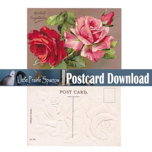 Vintage Rose Postkarte Digital Download, druckbare 2 seitige Ephemera Karte, antike Blumen Illustration Collage Sheet, Junk Journal Tag machen