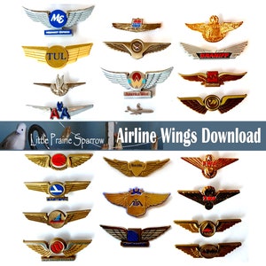 Peut inclure: Une collection d'épingles d'ailes d'avions vintage, avec des logos pour des compagnies aériennes telles que Midwest Express, Tulsa, America West, Western, Braniff, TWA, Eastern, Republic, et plus encore. Les épingles sont dorées, argentées et rouges avec divers logos de compagnies aériennes.