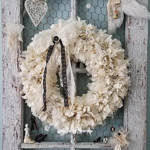 Cream Fabric Rag Wreath, Wedding Prop, Farmhouse Style, Black and Cream Decor, Wall Hanging, Holiday Decoration, Shabby Chic, Nursery Accent