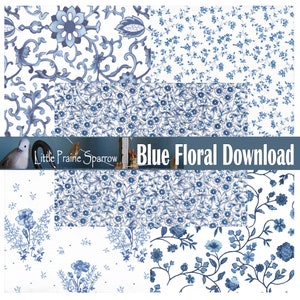 Feuilles de collage éphémères imprimables en téléchargement numérique floral bleu vintage, Style saule bleu, Style bleu de Delft, Style Chinoiserie
