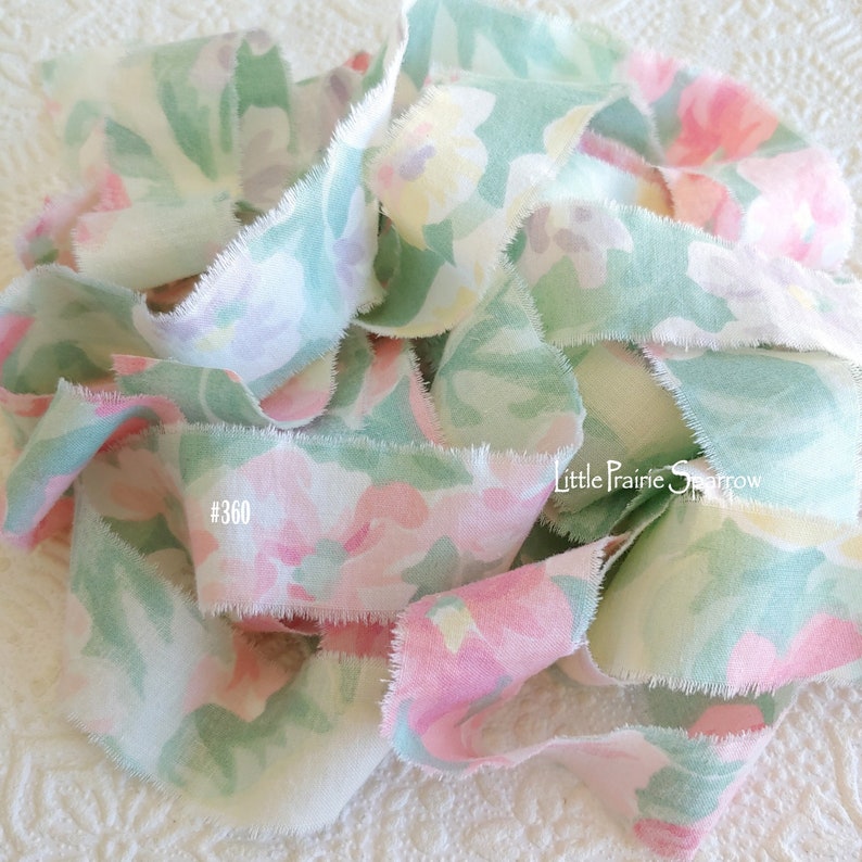 Hand Torn Pink Floral Print Frayed Fabric Ribbon for for Journal, Party Prop Gift Bows, Country Cottage Shabby Chic Wedding, Jewelry Making image 1