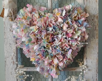 Pink Spring Heart Fabric Rag Wreath for Wedding Prop Brides Chair, Easter Decor, Shabby Chic Nursery, Party Photo Backdrop, Mothers Day Gift