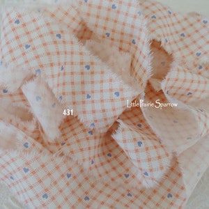 Hand Torn Peach Gingham Frayed Fabric Ribbon for Journal, Baby Shower Gift Bows, Jewelry Making, Hair Braiding, Vintage Holly Hobbie Fabric