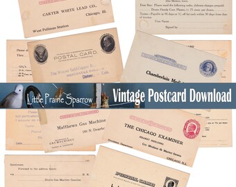 May include: A collection of vintage postcards and documents, featuring various designs and text. The postcards have stamps and handwritten notes. The text "Vintage Postcard Download" is displayed across the image.