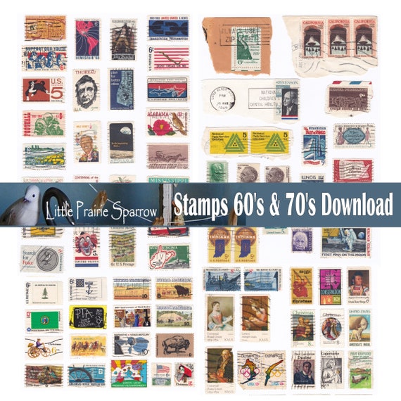 Vintage Postal Stamps From 60's & 70's Ephemera Digital Printable Collage  Sheets, Retro State, Olympic, and Moon Stamps 