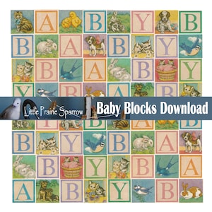 Vintage Baby Blocks Descarga digital, Hojas de collage efímeras imprimibles, Ilustraciones infantiles vintage