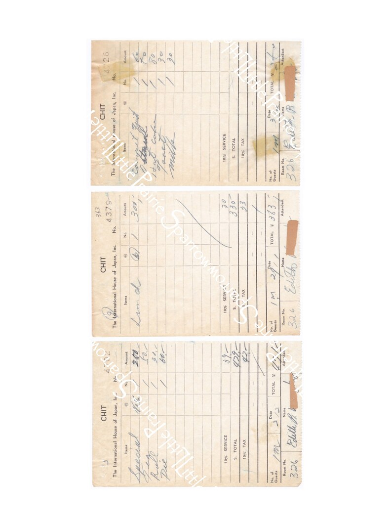 May include: Three vintage receipts from The International House of Japan, Inc. The receipts are dated 1/M 2/12, 1/M 2/12, and 1/M 2/12. The receipts show a total of 363, 363, and 363. The receipts are for a special roll, a pie, and milk.