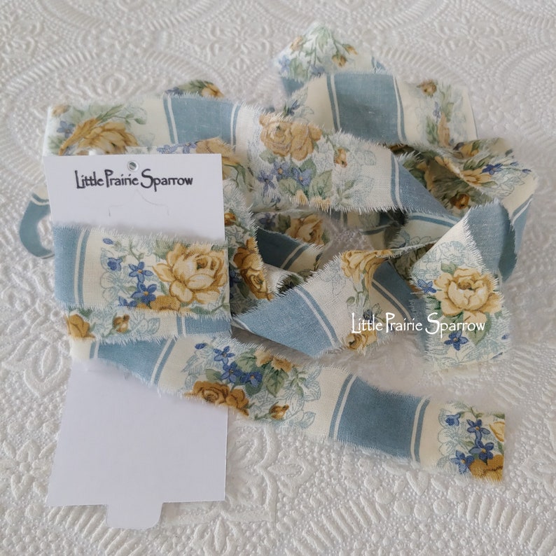 Hand Torn Blue Stripe Yellow Rose Print Frayed Fabric Ribbon for Journal, Shabby Chic Country Cottage Sewing, Gift Bow, Rachel Ashwell Style image 2