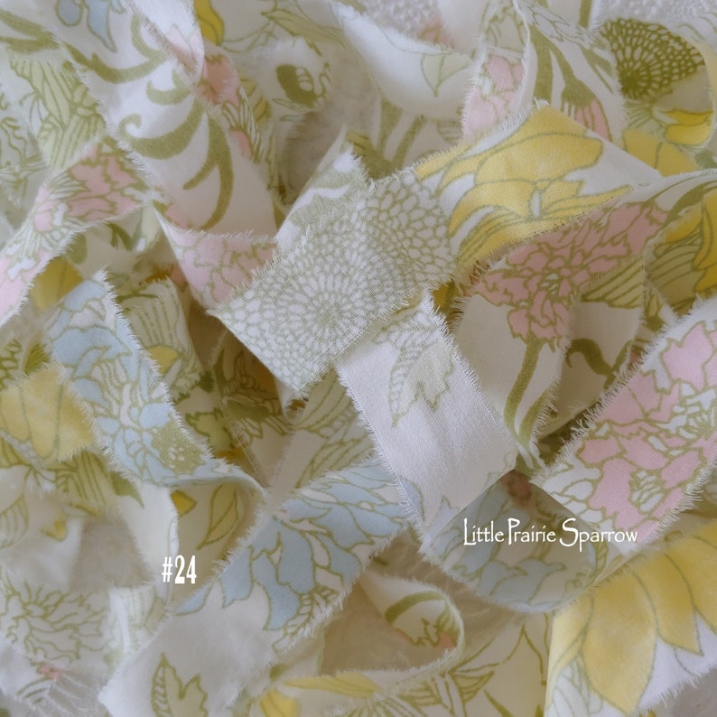 Garden Scrapbook Doll Making Accent Frayed Retro Flower Fabric Snippet Inspo Hand Torn Yellow Floral Fabric Ribbon Junk Journal Supplies