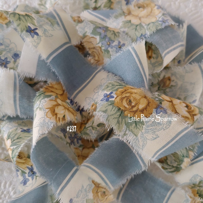 Hand Torn Blue Stripe Yellow Rose Print Frayed Fabric Ribbon for Journal, Shabby Chic Country Cottage Sewing, Gift Bow, Rachel Ashwell Style image 1