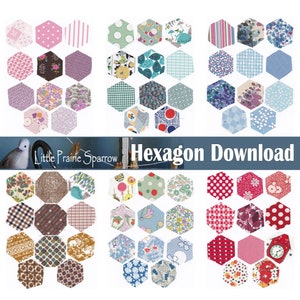Descarga digital de hexágonos vintage, hojas de collage imprimibles, adorno de tela con hexágonos retro, álbum de recortes de costura, diario de costura