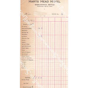 May include: A vintage hotel bill from Harts Head Hotel in Giggleswick, Settle. The bill is dated 1959 and lists various services and charges, including room and breakfast, attendance, dinners, and drinks. The total amount is 160.