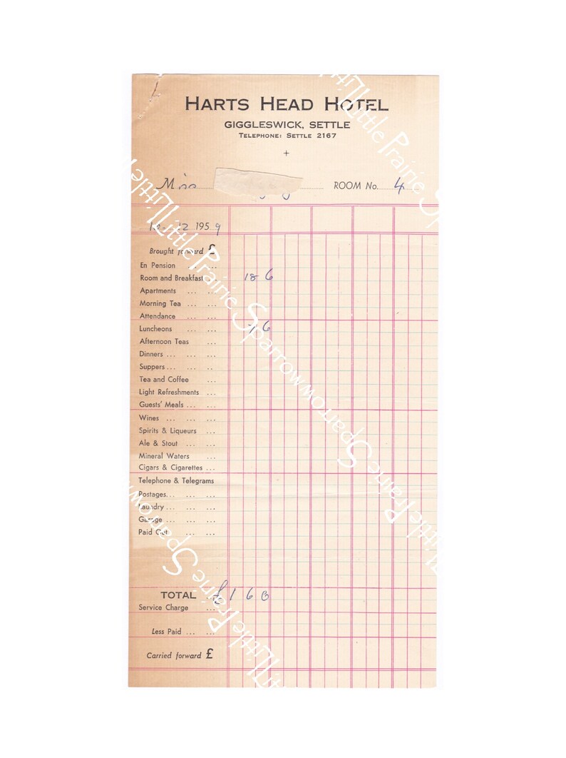 May include: A vintage hotel bill from Harts Head Hotel in Giggleswick, Settle. The bill is dated 1959 and lists various services and charges, including room and breakfast, attendance, dinners, and drinks. The total amount is 160.
