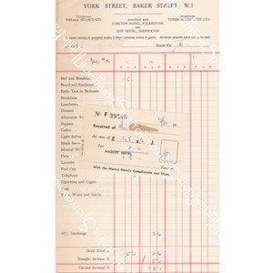 May include: A vintage hotel bill from the Mascot Hotel in London, England. The bill is dated 1919 and shows a total of 1 pound, 18 shillings. The bill includes items such as bed and breakfast, board and residence, early teas in bedroom, breakfasts, luncheons, dinners, afternoon tea, suppers, coffee, light refreshments, meals served, mineral water, fires, laundry, paid out, telephone, cigarettes and cigars, and wines and spirits.