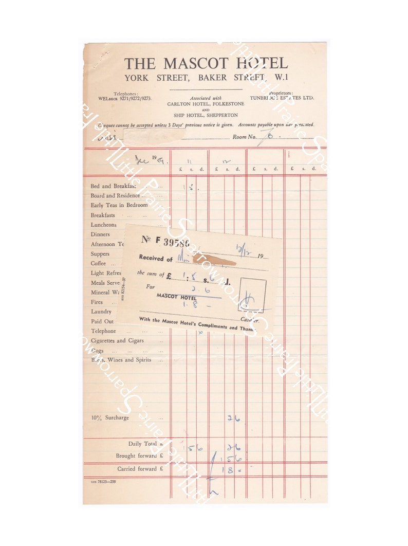 May include: A vintage hotel bill from the Mascot Hotel in London, England. The bill is dated 1919 and shows a total of 1 pound, 18 shillings. The bill includes items such as bed and breakfast, board and residence, early teas in bedroom, breakfasts, luncheons, dinners, afternoon tea, suppers, coffee, light refreshments, meals served, mineral water, fires, laundry, paid out, telephone, cigarettes and cigars, and wines and spirits.