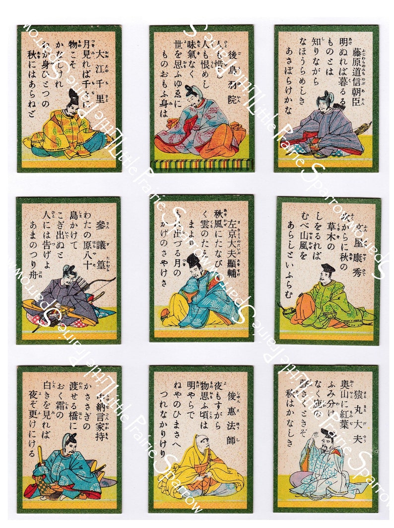 Vintage Karuta Game Cards Digital Printable Collage Sheet, Total of 18 Cards, Images of 9 Women and 9 Men image 3