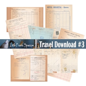 May include: Vintage travel themed paper ephemera with a blue banner that reads "Travel Download #3". The papers are from hotels in Geneva, Switzerland, and Settle, England. The papers are yellowed and have handwritten notes.