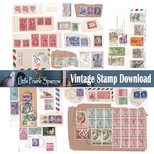 Timbres postaux vintage et feuille de collage numérique imprimable éphémères par avion