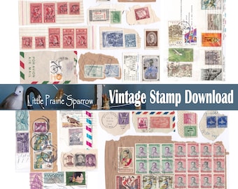 Vintage Postal Stamps and Air Mail Ephemera Digital Printable Collage Sheet