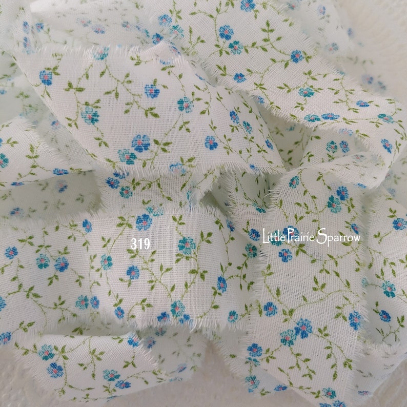 Hand Torn Blue Calico Floral Print Frayed Fabric Ribbon for Journal, Shabby Chic, Baby Shower, Gift Bows, Jewelry Making, Hair Braid Ribbon image 1