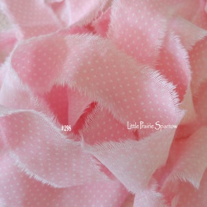 Hand Torn Pink Dotted Frayed Fabric Ribbon for Journal Scrapbook, Sewing, Pink Wedding, Baby Shower Gift Bow, Shabby Chic Ribbon, Invite Bow