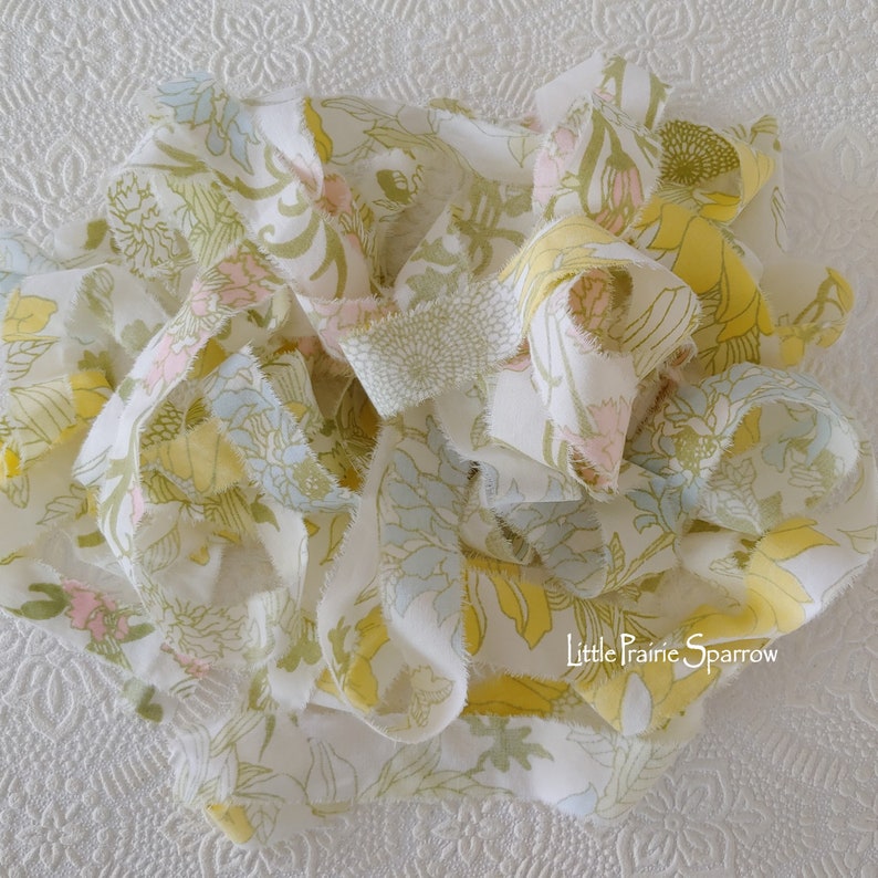 Garden Scrapbook Doll Making Accent Frayed Retro Flower Fabric Snippet Inspo Hand Torn Yellow Floral Fabric Ribbon Junk Journal Supplies
