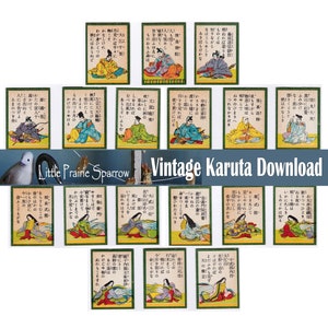 Vintage Karuta-spelkaarten digitaal afdrukbaar collageblad, in totaal 18 kaarten, afbeeldingen van 9 vrouwen en 9 mannen