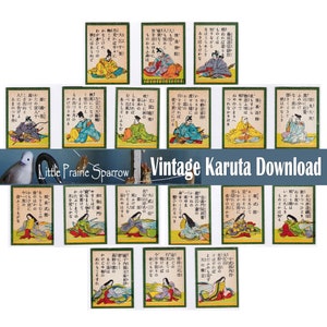 Vintage Karuta Game Cards Digital Printable Collage Sheet, Total of 18 Cards, Images of 9 Women and 9 Men image 1