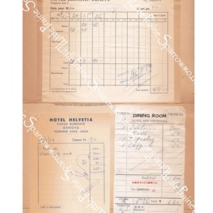 May include: Two vintage hotel receipts from the Hotel Bernina in Geneva, Switzerland and the Hotel Helvetia in Genoa, Italy. The Hotel Bernina receipt shows a total of 40 Swiss francs. The Hotel Helvetia receipt shows a total of 660 Italian lire.