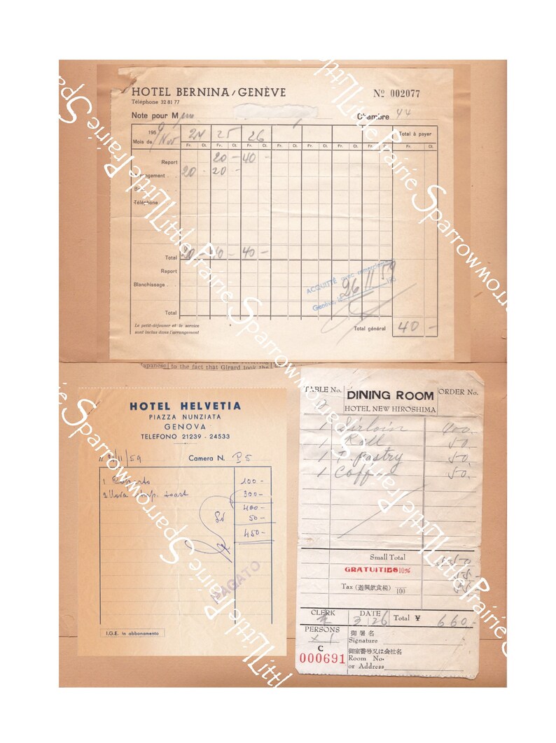 May include: Two vintage hotel receipts from the Hotel Bernina in Geneva, Switzerland and the Hotel Helvetia in Genoa, Italy. The Hotel Bernina receipt shows a total of 40 Swiss francs. The Hotel Helvetia receipt shows a total of 660 Italian lire.